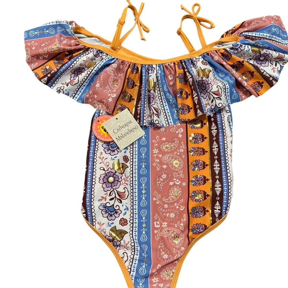 Catherine Malandrino Girls' One Piece‎ Swimsuit UPF 50 Floral Ruffle Size 5 NWT